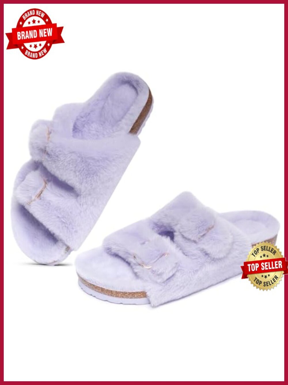 Faux Rabbit Fur Cork Slide Slippers Open Toe Double Strap